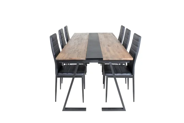 Jakarta Essgruppe Esstisch Teak und 6 Slim High Back Esszimmerstühle PU Kunstleder schwarz.