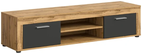 Jam TV Tisch 2 Klappentüren, 2 Regale grau, Eiche Dekor.