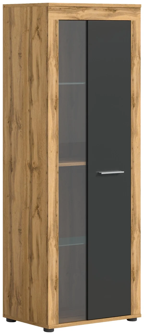 Jam Vitrinenschrank 1 Glastür grau, Eiche Dekor.