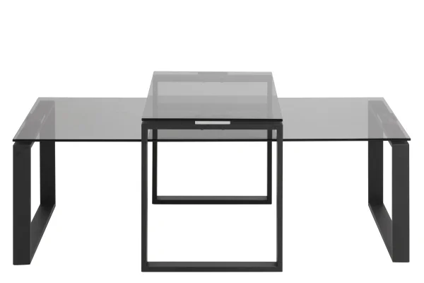 Kate Couchtisch Set Rauchfarbenes Glas und Metall matt schwarz.