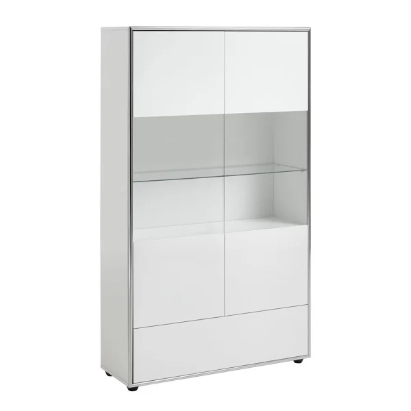 Kenan Vitrine 2 Türen, 1 Schublade weiß Hochglanz lackiert.