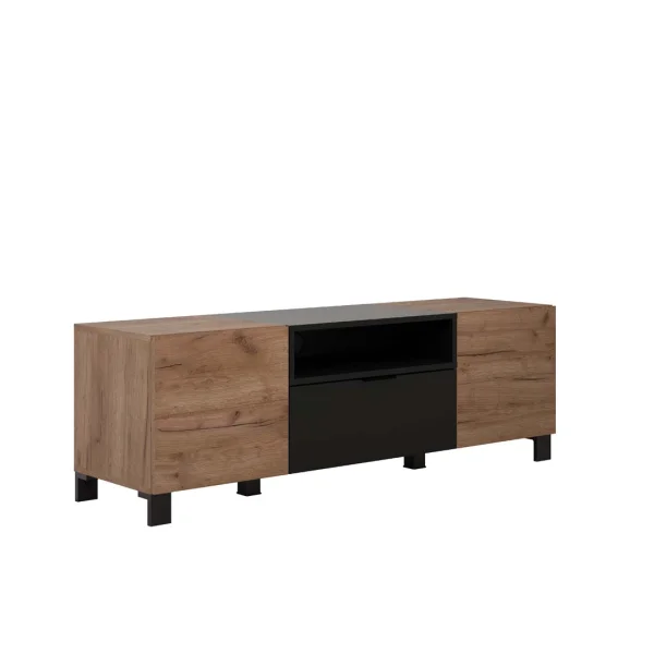 Kendo TV Tisch 2 Türen, 1 Fach, 1 Klappe, EicheTabak dekor, schwarz matt.