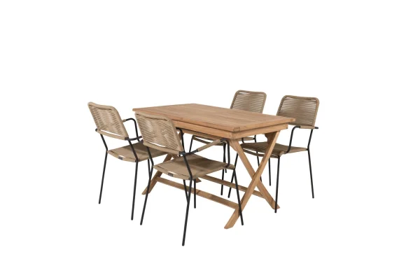 Kenya Gartenset Tisch 70x120cm natur, 4 Stühle Lindos braun.