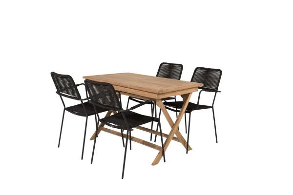 Kenya Gartenset Tisch 70x120cm natur, 4 Stühle Lindos schwarz.