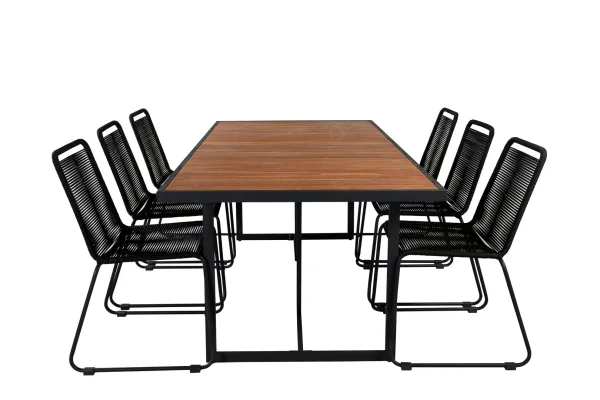 Khung Gartenset Tisch 100x200cm und 6 Stühle stabel Lindos schwarz, natur.