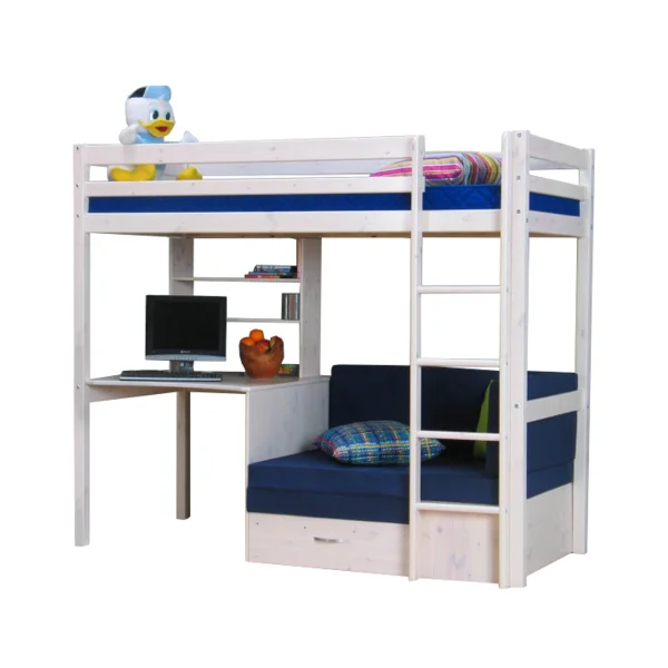 Kids Hochbett, Couch, Lattenrost, Matratze, Schreibplatte und Regal weiß/blau.