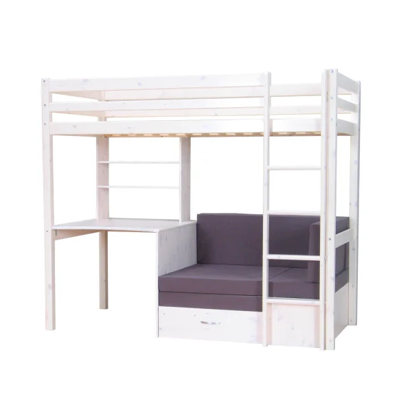Kids Hochbett, Couch, Lattenrost, Matratze, Schreibplatte und Regal weiss/grau.