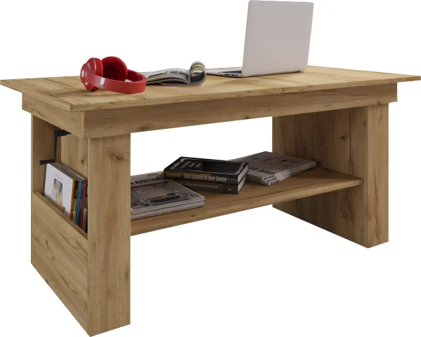 Kobila Couchtisch mit höhenverstellbarer Tischplatte, 1 Regal und 2 Fächern Honig-Eiche dekor.