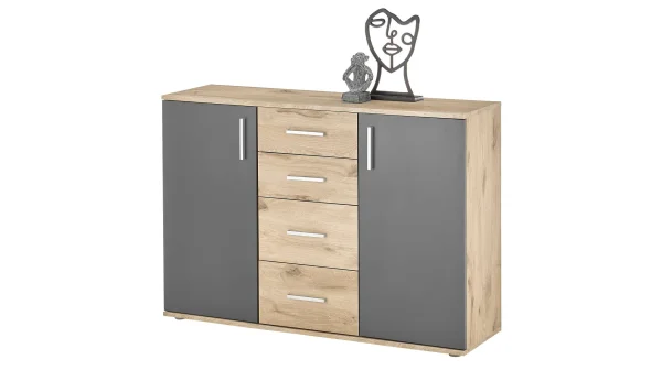 Kommode Viking Oak - grau 120 x 84 cm 4 Schubladen - BOBBY