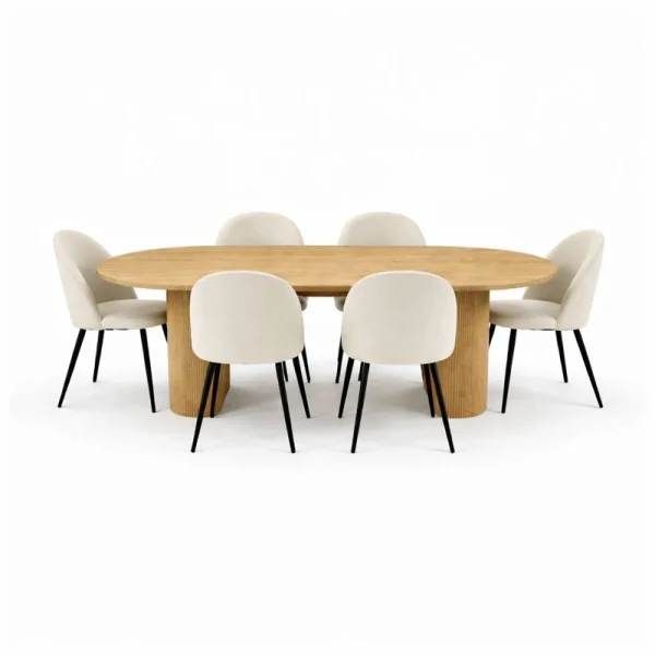 Kyoto Essgruppe Esstisch 100x210cm Natur, 6 Stühle Samt beige.