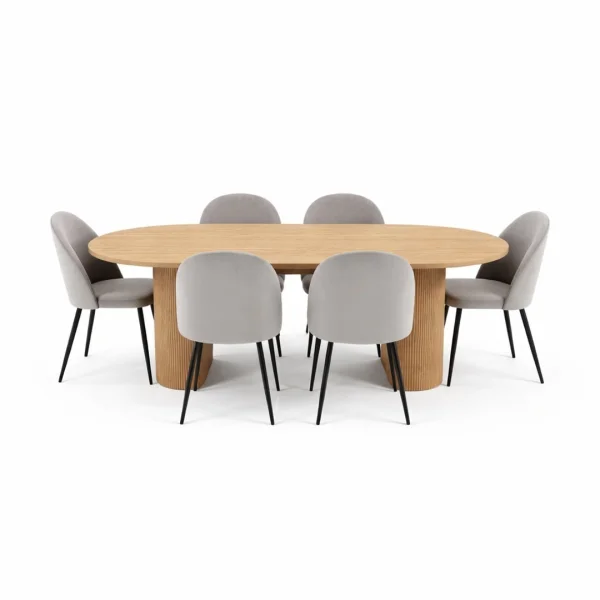 Kyoto Essgruppe Esstisch 100x210cm Natur, 6 Stühle Velours grau.