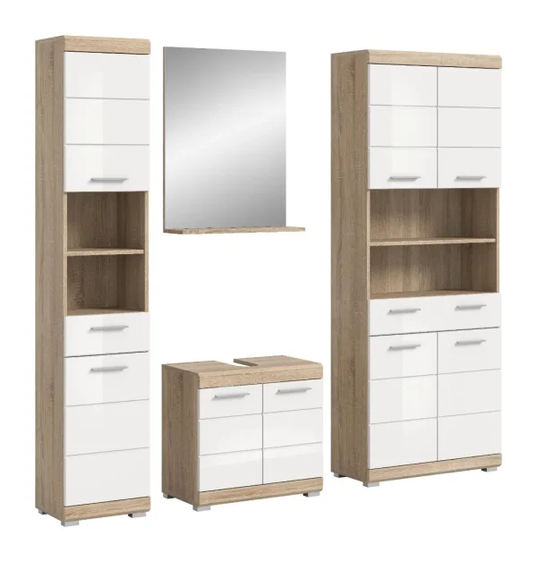 Lambada Badmöbelset L11 Weiß hochglanz, Eiche Dekor.