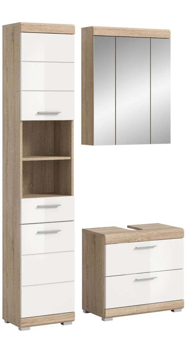 Lambada Badmöbelset L15 Weiß hochglanz, Eiche Dekor.