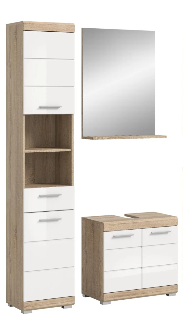 Lambada Badmöbelset L16 Weiß hochglanz, Eiche Dekor.
