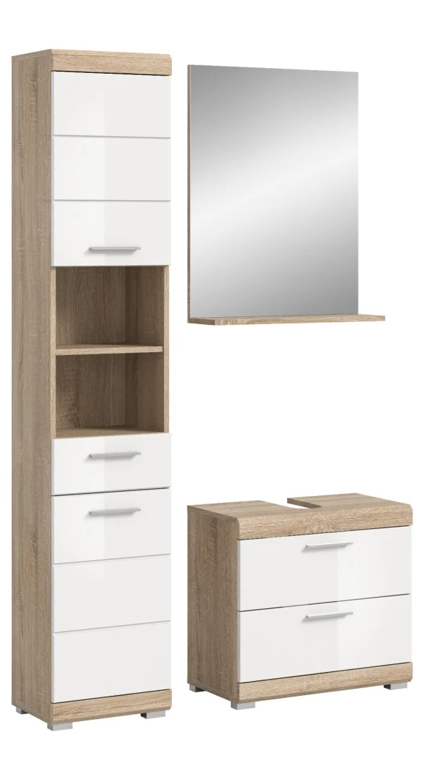 Lambada Badmöbelset L17 Weiß hochglanz, Eiche Dekor.
