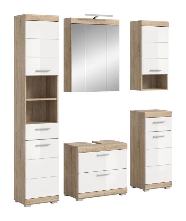 Lambada Badmöbelset L18 Weiß hochglanz, Eiche Dekor.