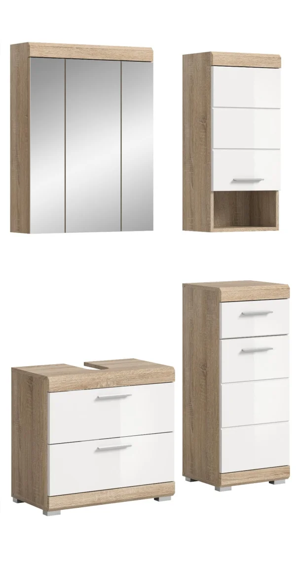 Lambada Badmöbelset L21 Weiß hochglanz, Eiche Dekor.