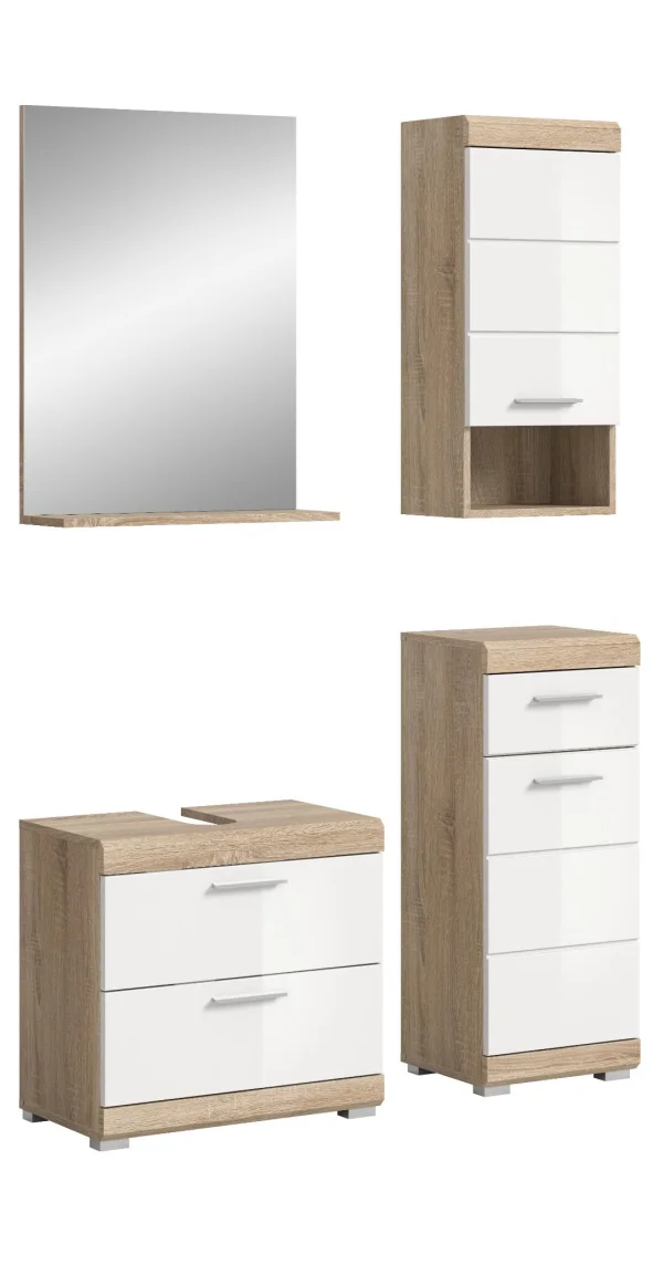 Lambada Badmöbelset L22 Weiß hochglanz, Eiche Dekor.