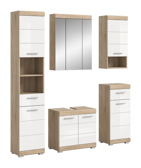 Lambada Badmöbelset L24 Weiß hochglanz, Eiche Dekor.