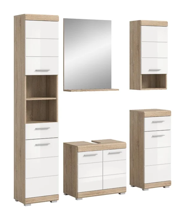 Lambada Badmöbelset L25 Weiß hochglanz, Eiche Dekor.