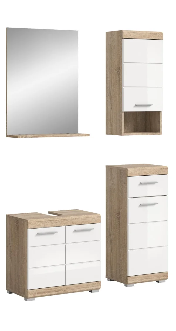 Lambada Badmöbelset L27 Weiß hochglanz, Eiche Dekor.