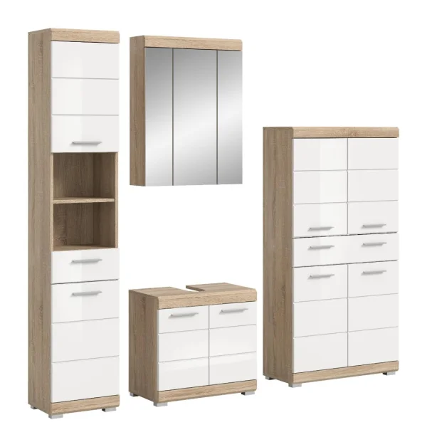 Lambada Badmöbelset L8 Weiß hochglanz, Eiche Dekor.