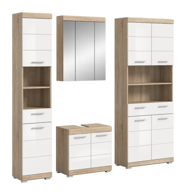 Lambada Badmöbelset L9 Weiß hochglanz, Eiche Dekor.
