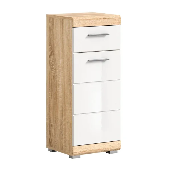 Lambada Badschrank 1 Tür, 1 Schublade Hochglanz weiß,Eiche dekor.