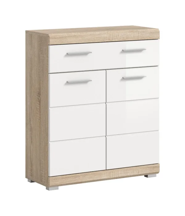 Lambada Badschrank 2 Türen, 1 Schublade Weiß hochglanz, Eiche Dekor.