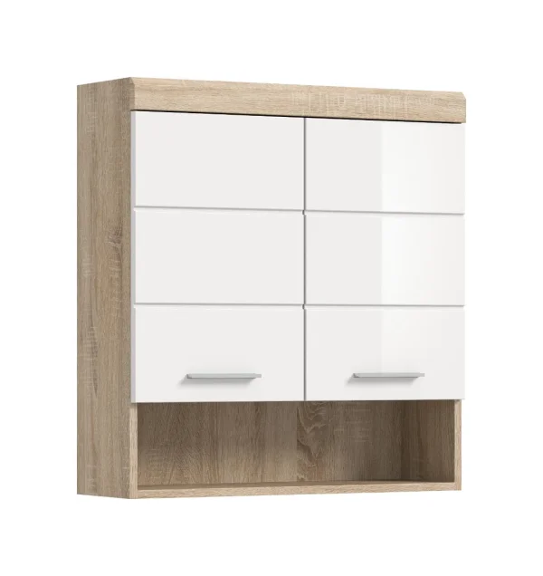 Lambada Badschrank Wandhängend 2 Türen, 3 Spiegeltüren, 1 Regal Weiß hochglanz, Eiche Dekor.