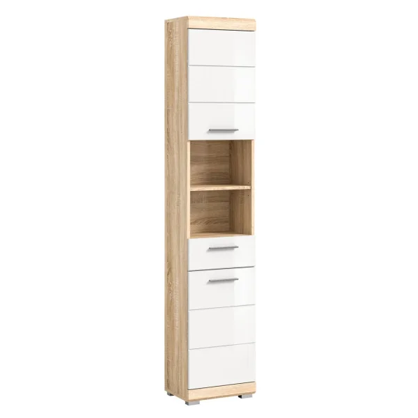 Lambada Hochschrank Bad 2 Türen, 1 Schublade, 2 Ablagen Hochglanz weiß,Eiche dekor.