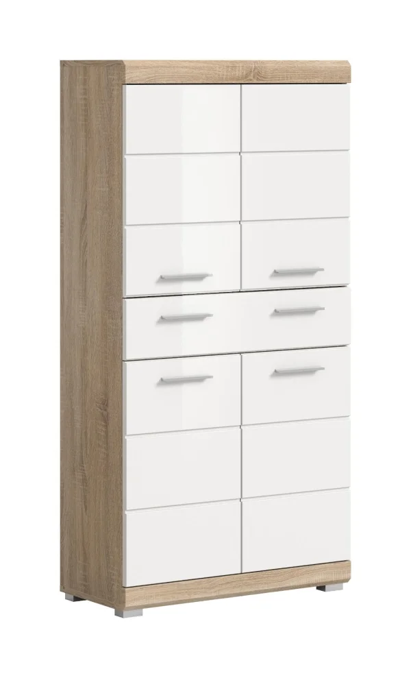 Lambada Hochschrank Bad 4 Türen, 1 Schublade Weiß hochglanz, Eiche Dekor.
