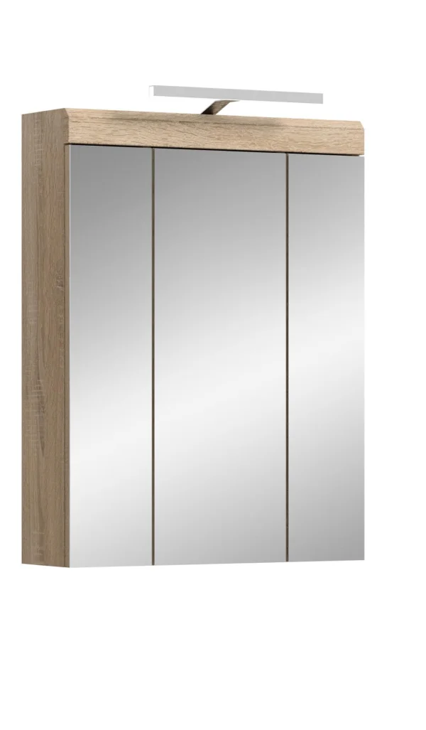 Lambada Spiegelschrank Bad Inkl. Beleuchtung 2 Türen, 3 Spiegeltüren, 3 Regale Weiß hochglanz, Eiche Dekor.