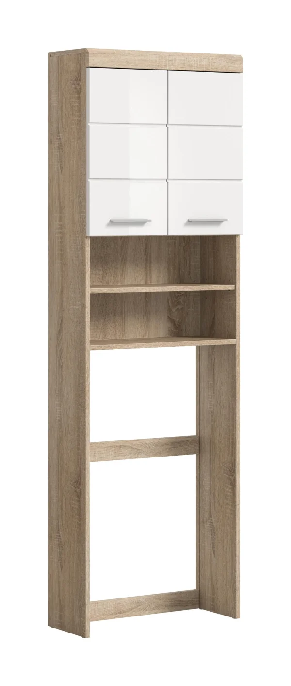 Lambada Waschmaschinenschrank 2 Türen, 2 Schubladen, 3 Regale Weiß hochglanz, Eiche Dekor.