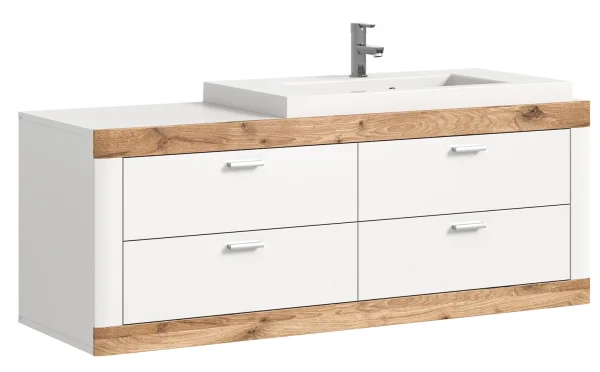 Laredo Waschbeckenunterschrank 132cm 4 Schubladen matt weiß,Eiche dekor,weiß.
