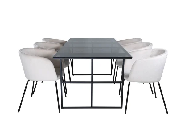 Leif Essgruppe Esstisch rauchig Glas und 6 Berit Esszimmerstühle Velour beige.