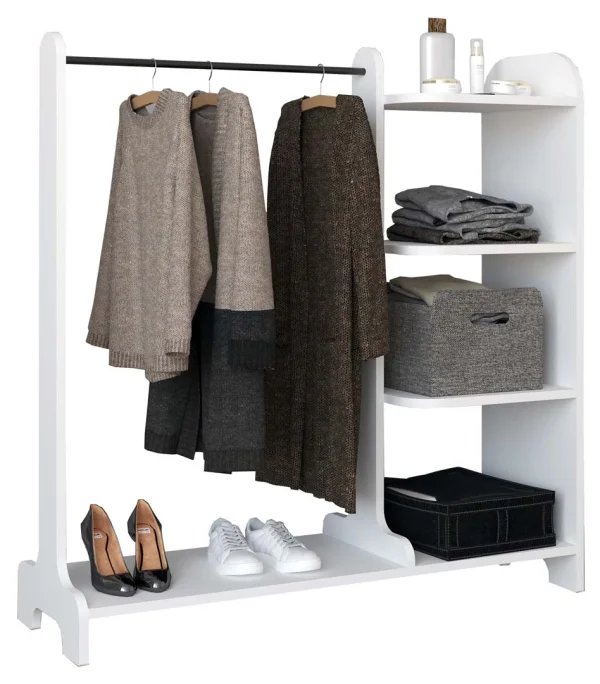 Lempu Kleiderschrank Regal mit Kleiderstange 4 Ablagen weiß.