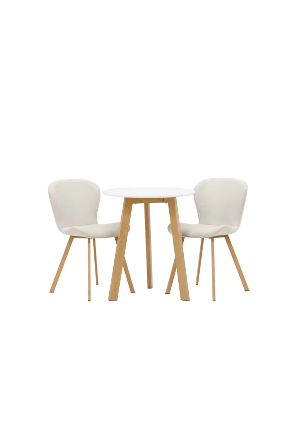 Leonora Essgruppe Tisch weiß und 2 Lilja Stühle beige.