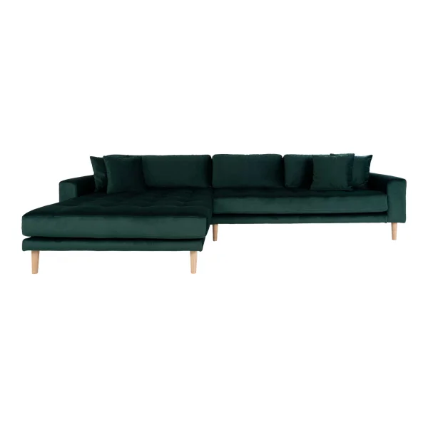 Lido Chaiselongue Sofa linksgewendet velour inkl. 4 dekorative Kissen, grün.