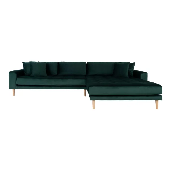 Lido Chaiselongue Sofa rechtsgewendet velour inkl. 4 dekorative Kissen, grün.