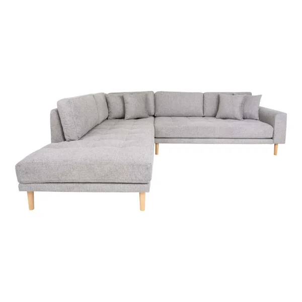 Lido Ecksofa links gewendet mit 4 Kissen hellgrau.