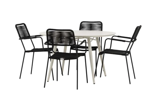 Lina Gartenset Tisch Ø120cm beige, 4 Stühle Lindos schwarz.