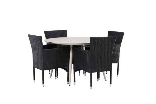 Lina Gartenset Tisch Ø120cm beige, 4 Stühle Malina schwarz.