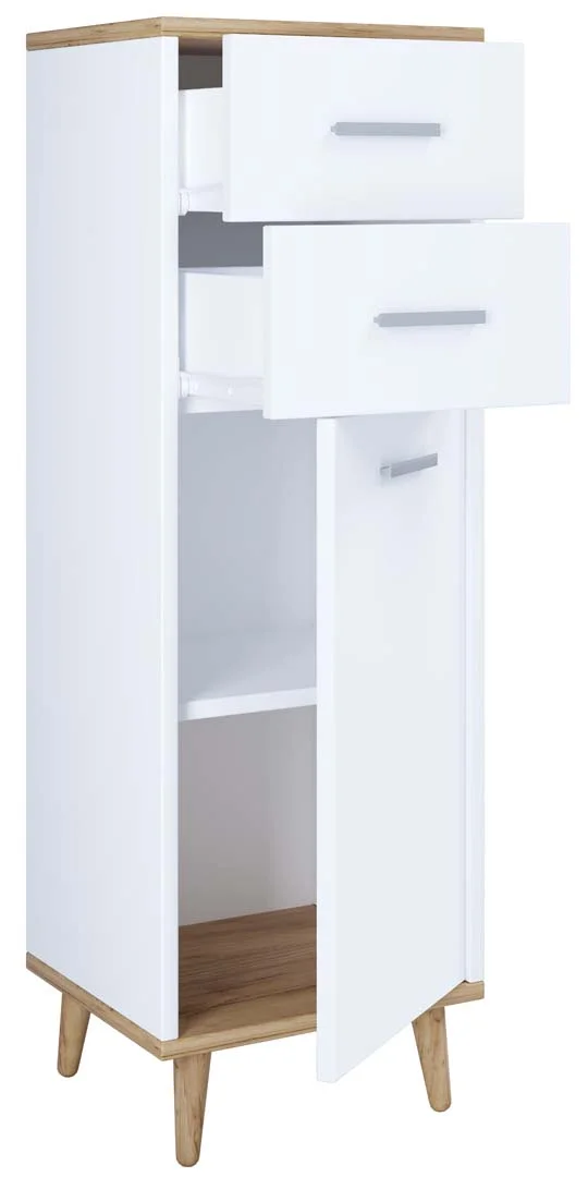 Lindas Kommode 1 Tür 2 Schubladen weiß, Eiche dekor.