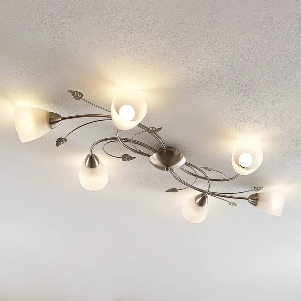 Lindby -  Deckenlampe Yannie, 6-flg., 106 cm, nickel/weiß, Glas