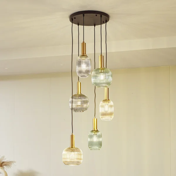 Lindby -  Hängeleuchte Doroteo, 6-flg., grün/amber/grau, Glas