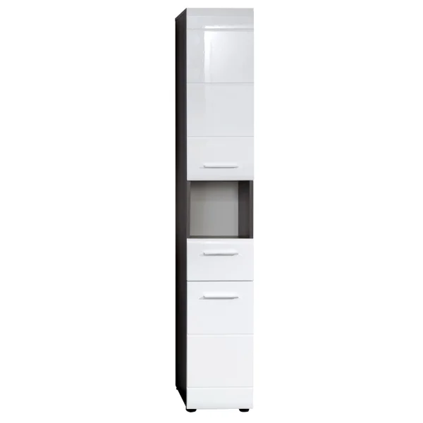 Line Bad Hochschrank 2 Türen, 1 Schublade, 1 offenes Fach rauchsilber, weiß Hochglanz.