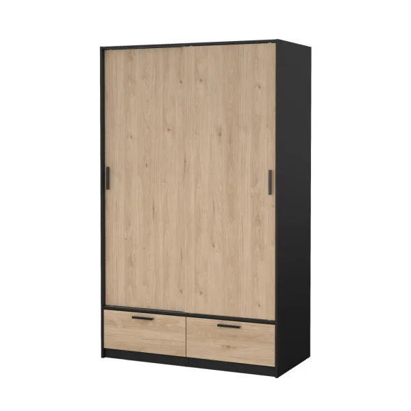Line Kleiderschrank 2 Türen 2 Schubladen Nussbaum dekor schwarz matt.