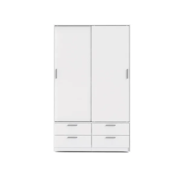 Line Kleiderschrank Schiebetürenschrank mit 2 Türen und 4 Schubladen, weiss.