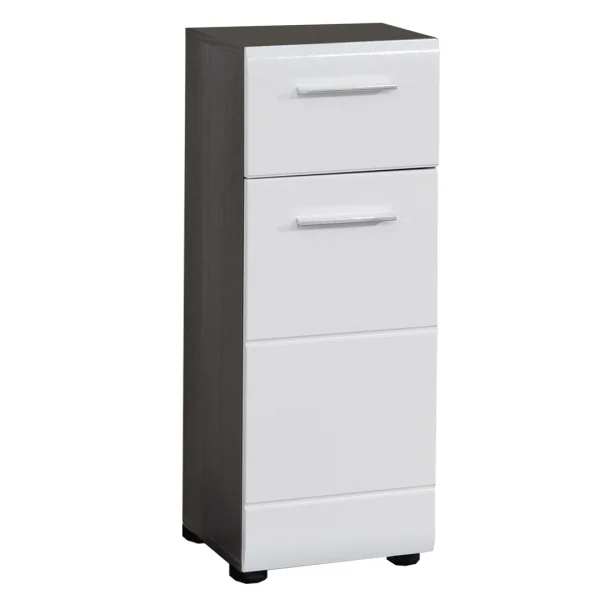 LineBad Badschrank 1 Tür, 1 Schublade rauchsilber, weiß Hochglanz.